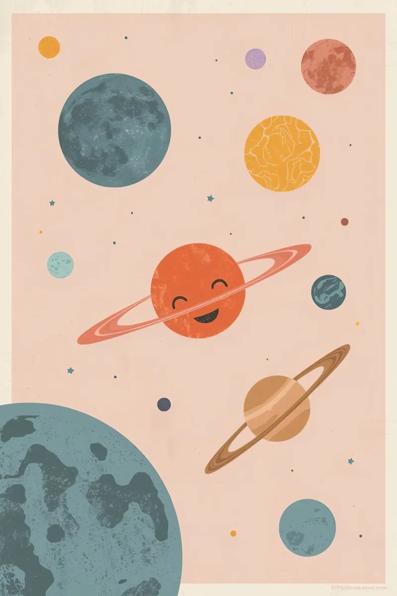 Pianeti con anelli e stelle su sfondo color pesca poster da DesignDoodle