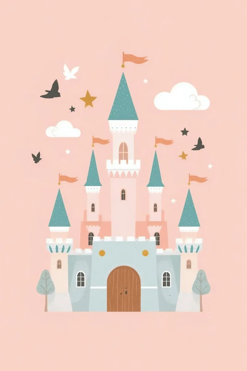 Prinsessenkasteel met vogels en wolken op Peach art poster van DesignDoodle