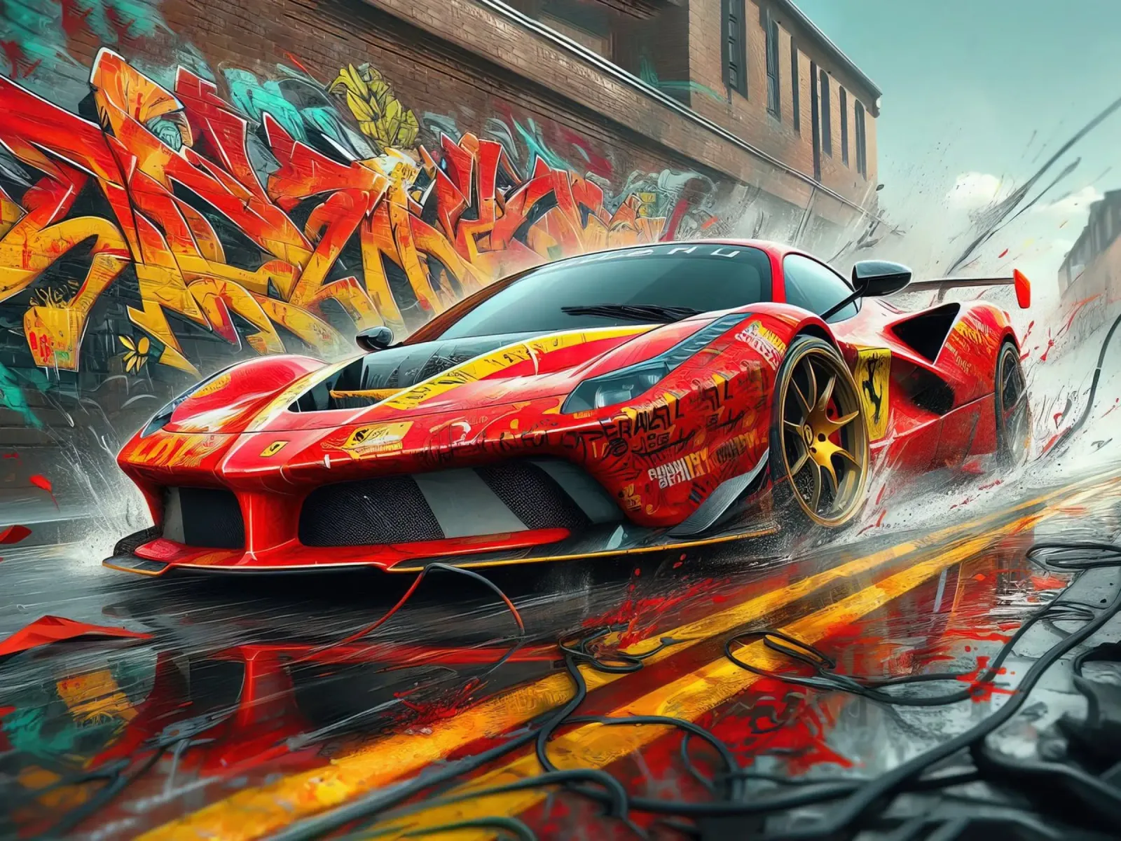 Red racing sports car with graffiti background canvas with Floater frame by 🥝 KIWI STORE