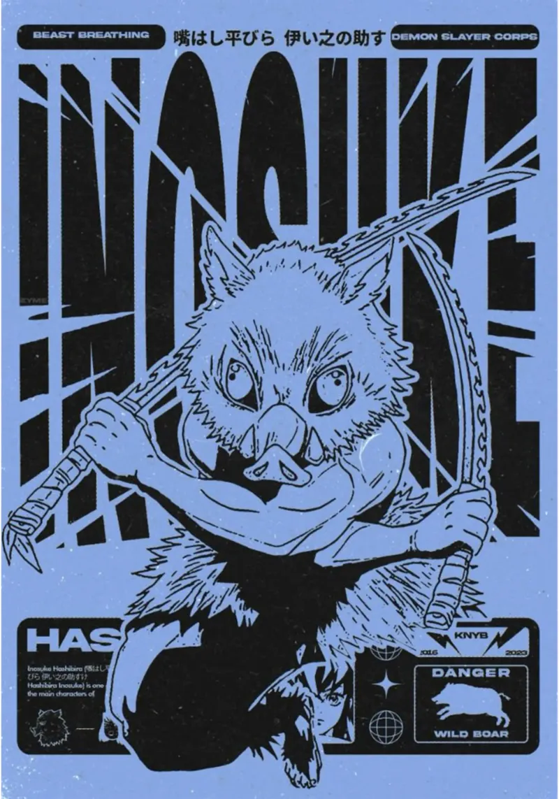 Sillhouette Inosuke Uccisore di Demoni poster con telaio in legno da igoshartwrks