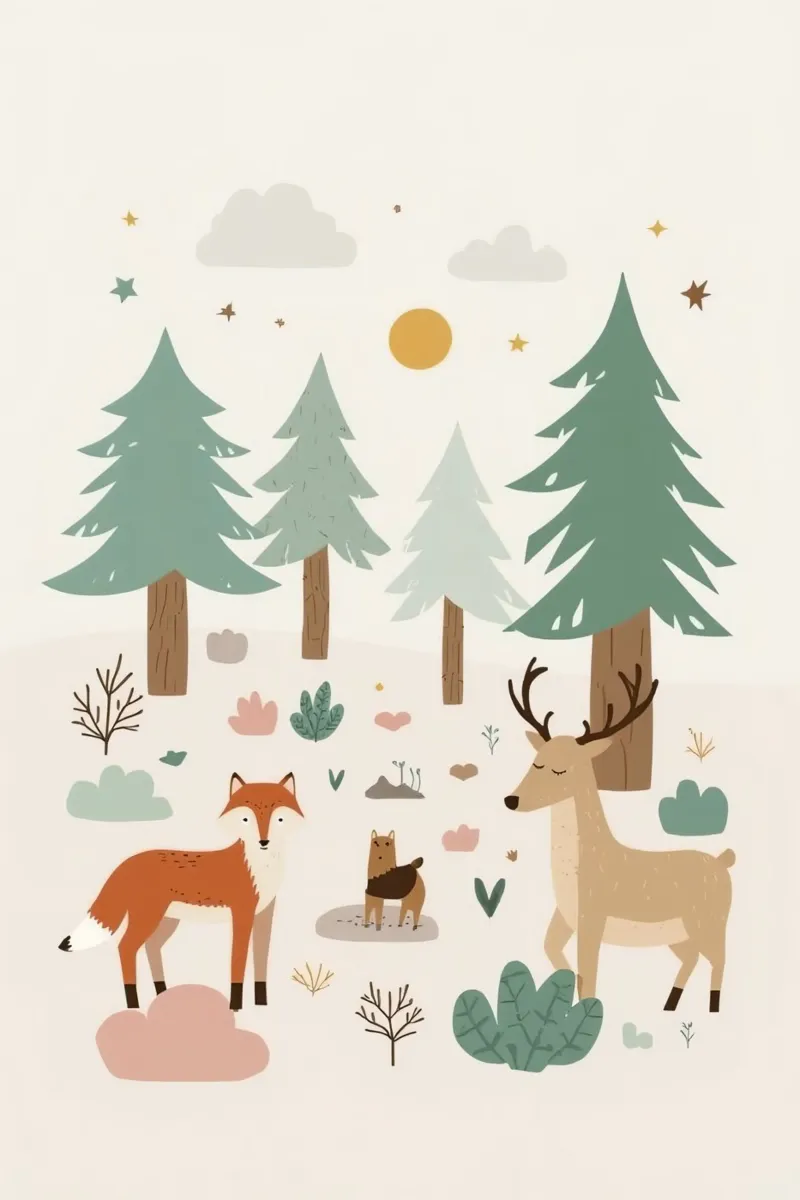 Cozy Forest Animals and Trees canvas with Floater frame by DesignDoodle