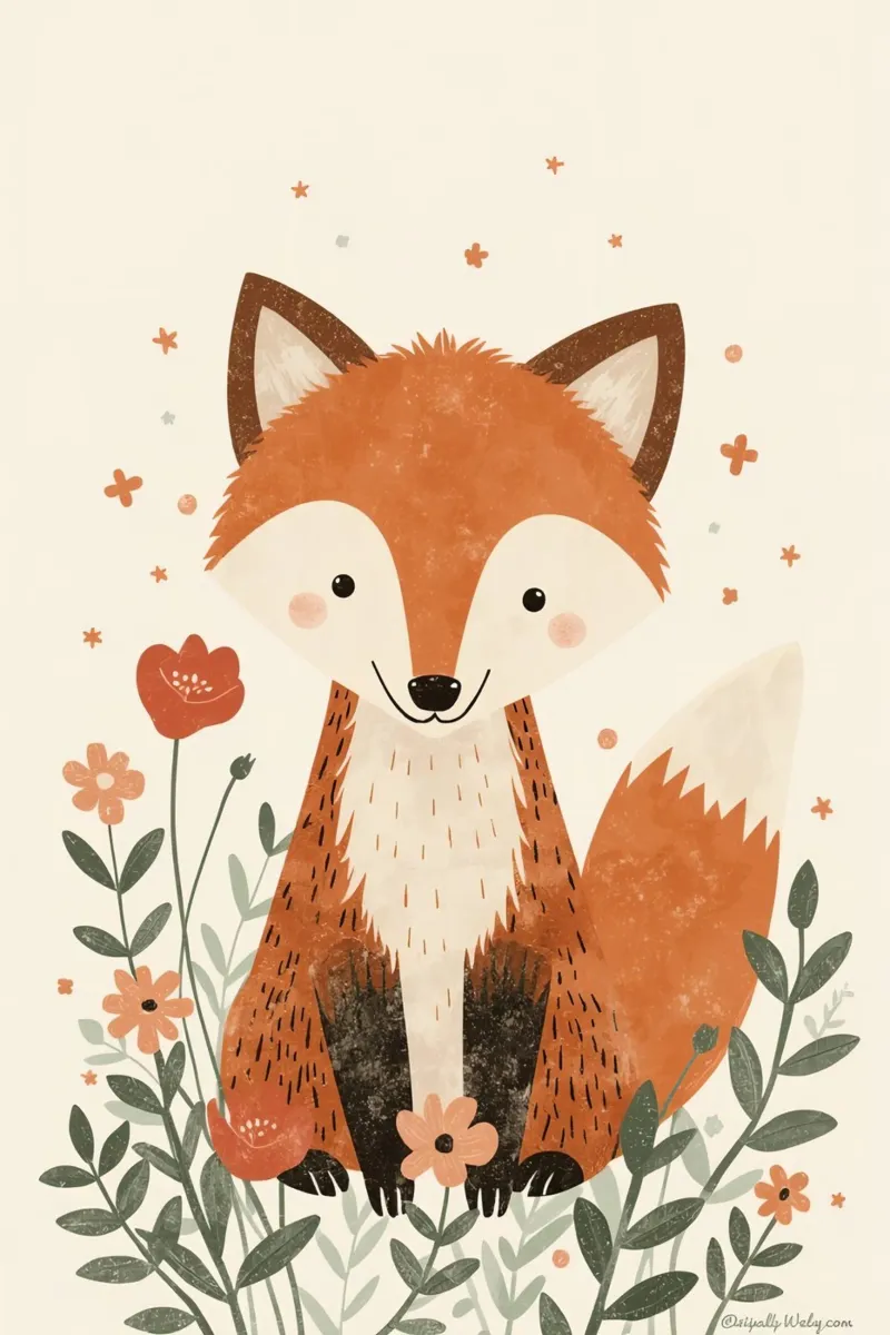 Fuchs mit Blumen auf beigem Hintergrund Leinwand mit Schattenfugenrahmen von DesignDoodle