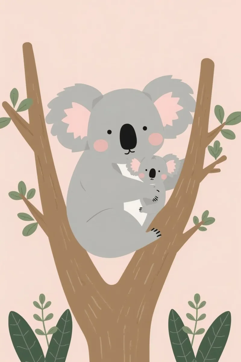 Mamma e bambino di Koala abbracciati sull'albero poster con telaio in plastica da DesignDoodle