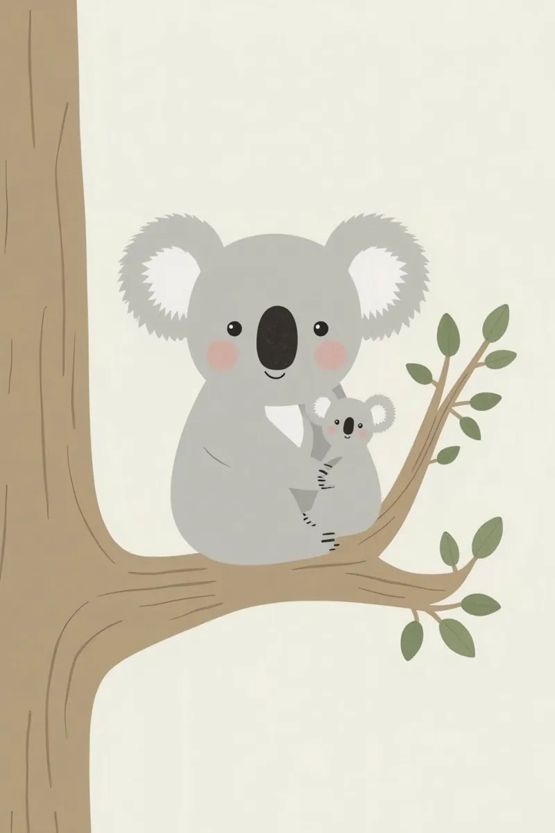 Madre e figlio di Koala felici che si abbracciano su un ramo poster con telaio in plastica da DesignDoodle