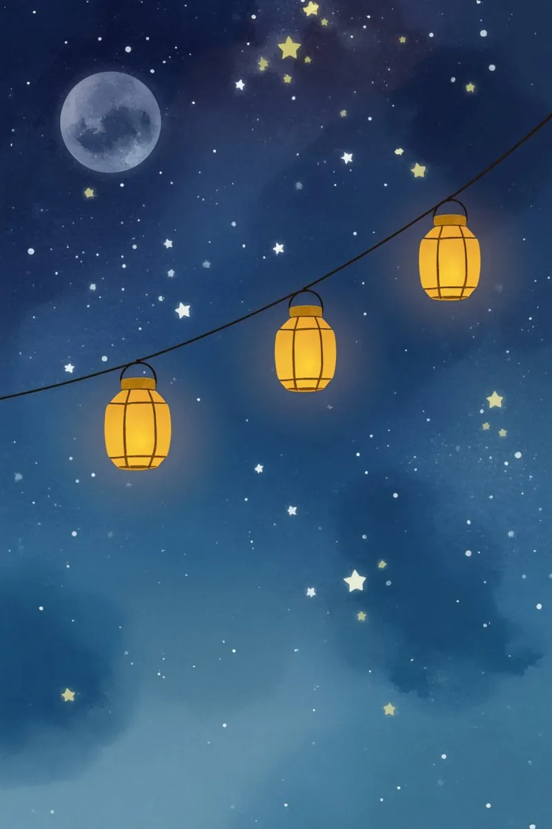 Lanternes sous un ciel étoilé avec lune poster de DesignDoodle