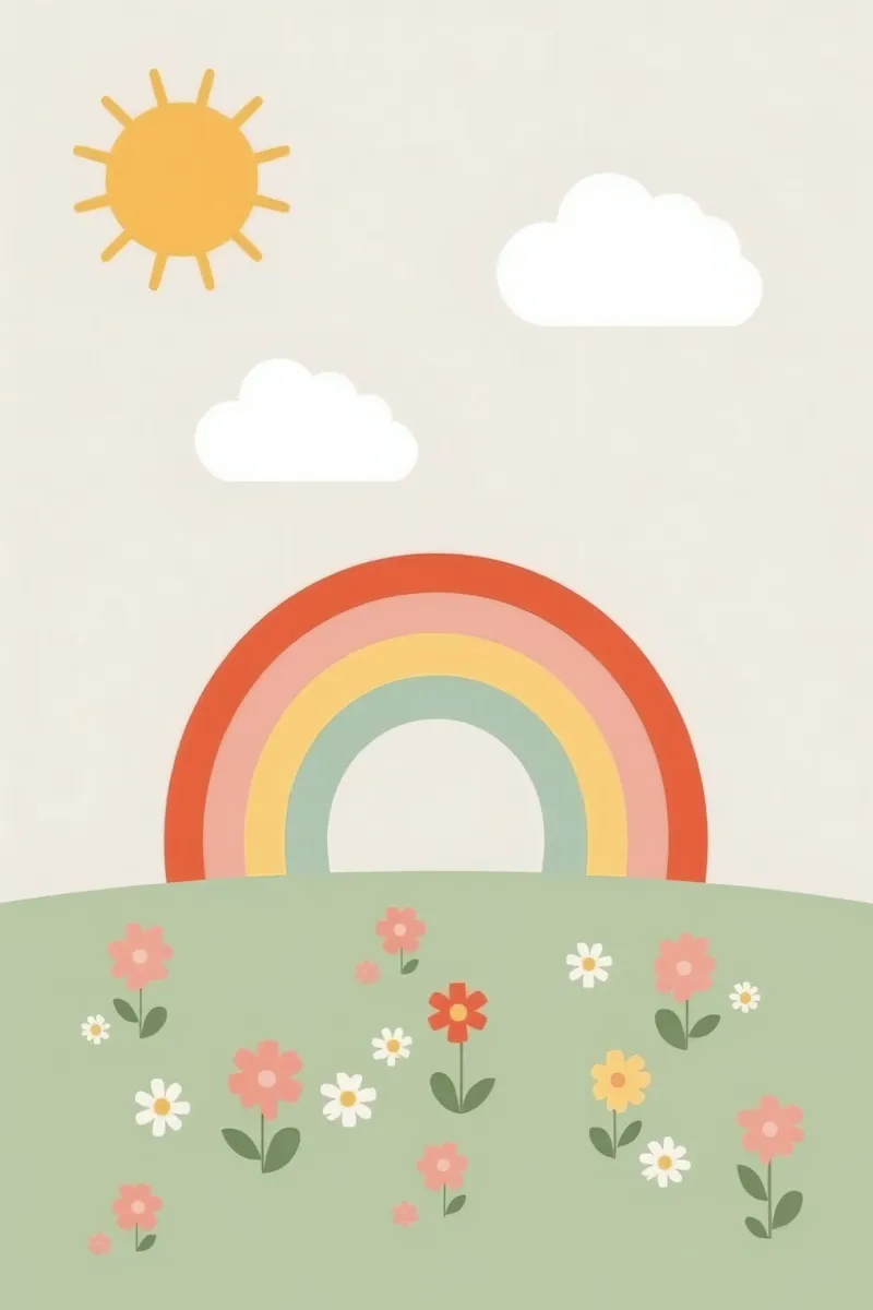 Fiori arcobaleno carino Sole e nuvole poster con telaio in alluminio da DesignDoodle