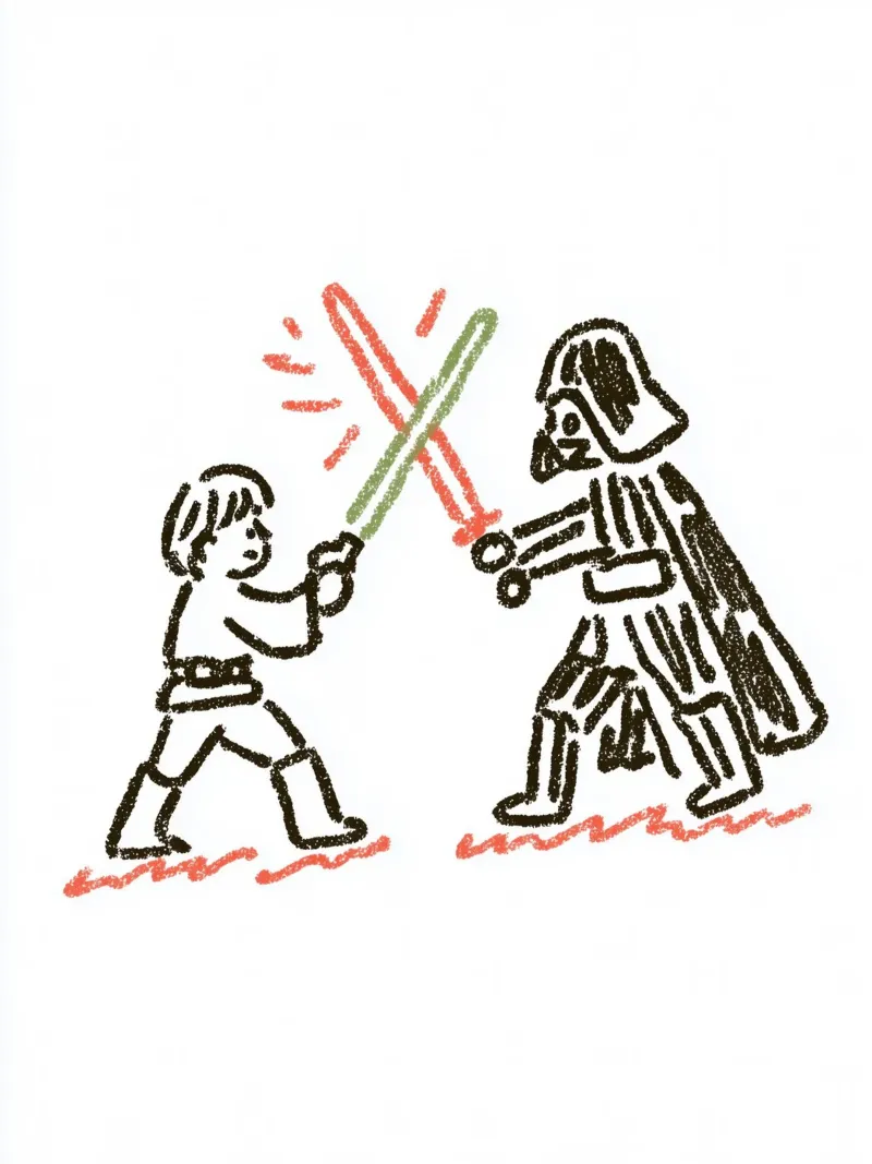 Star Wars Art Print: Luke Skywalker vs. Darth Vader Duel poster with aluminum frame by Kaji