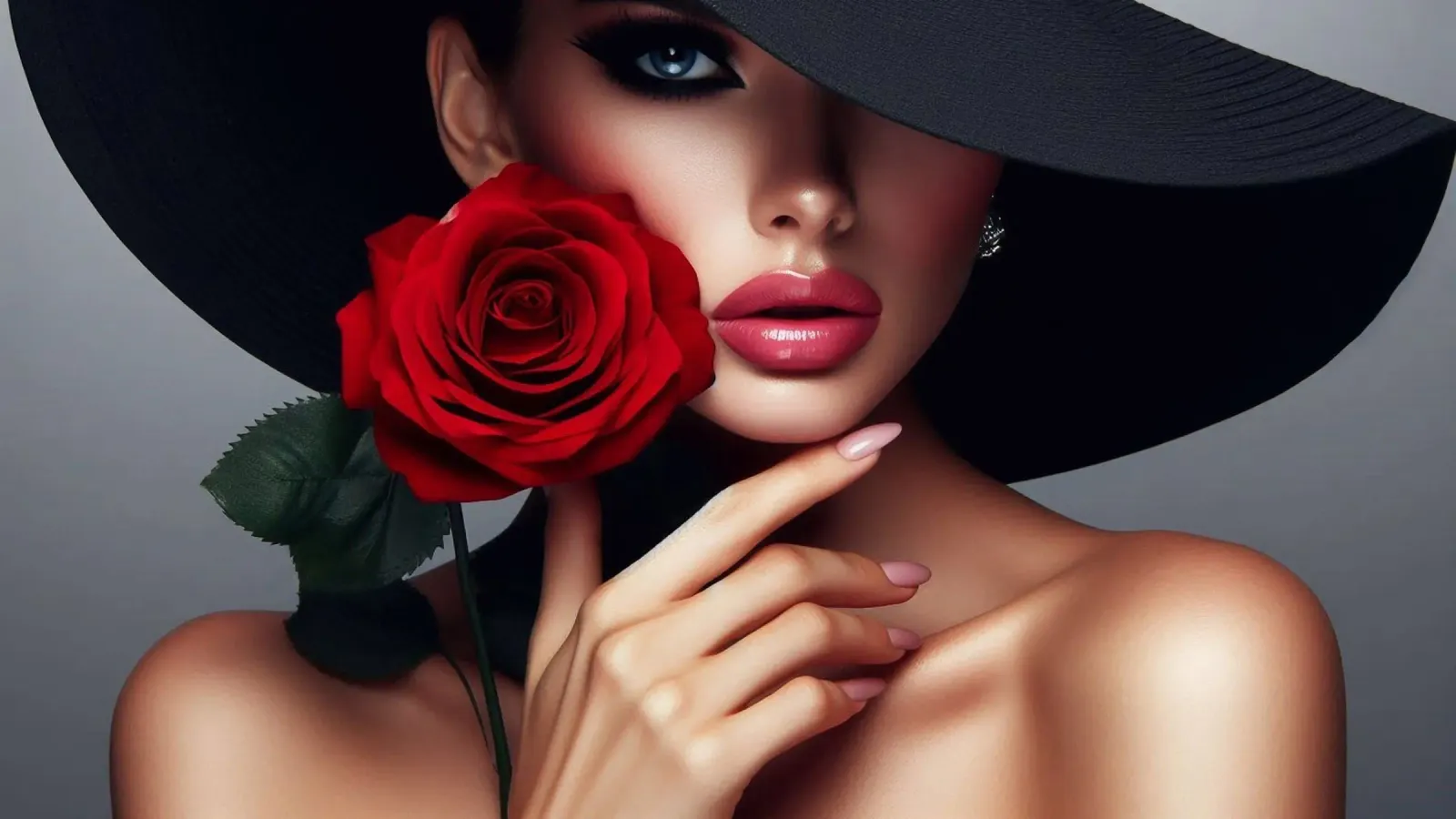 Donna con cappello nero e rosa rossa poster con telaio in alluminio da BenCoStyle