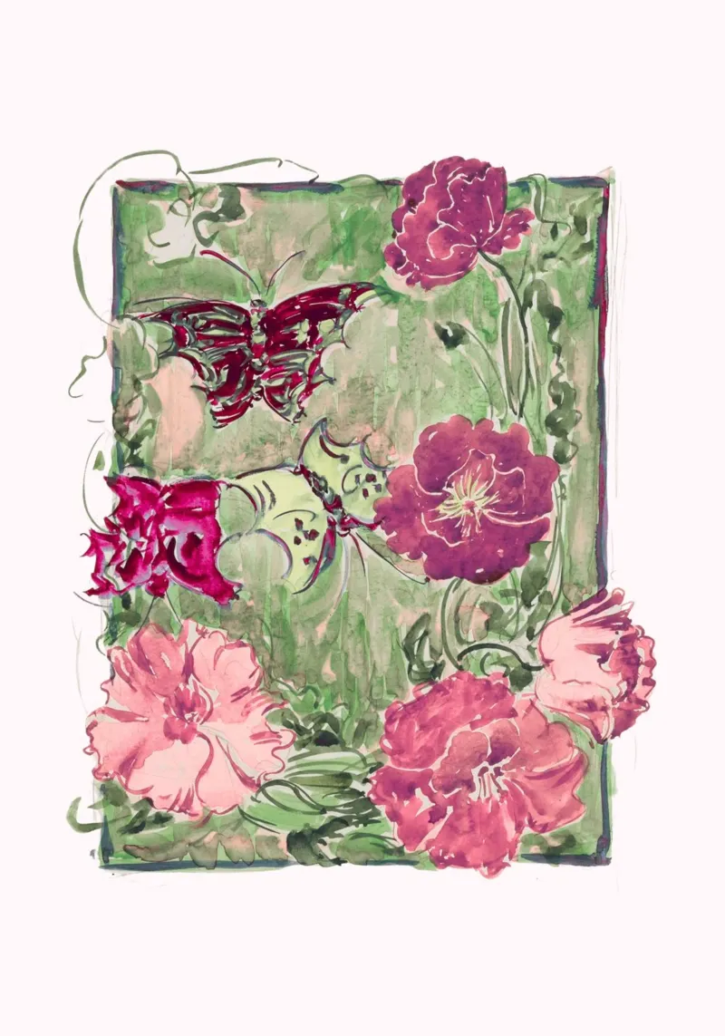 Disegni floreali e farfalle ad acquerello poster con telaio in alluminio da vintagepod