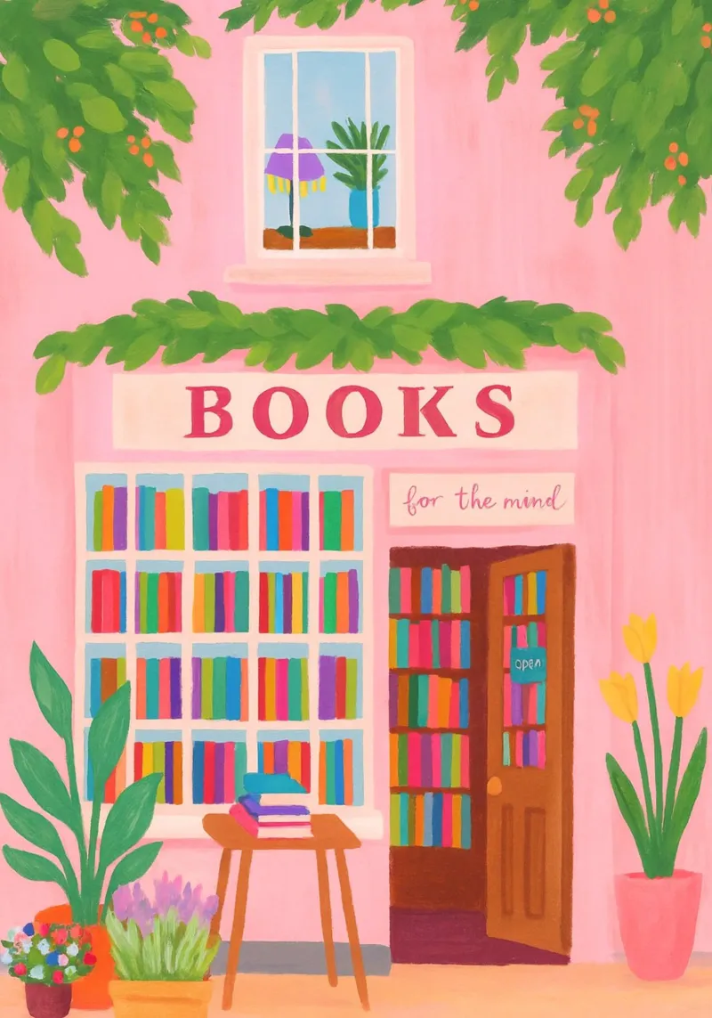 Charming Pink Bookstore Facade Art Print canvas with Floater frame by vintagepod