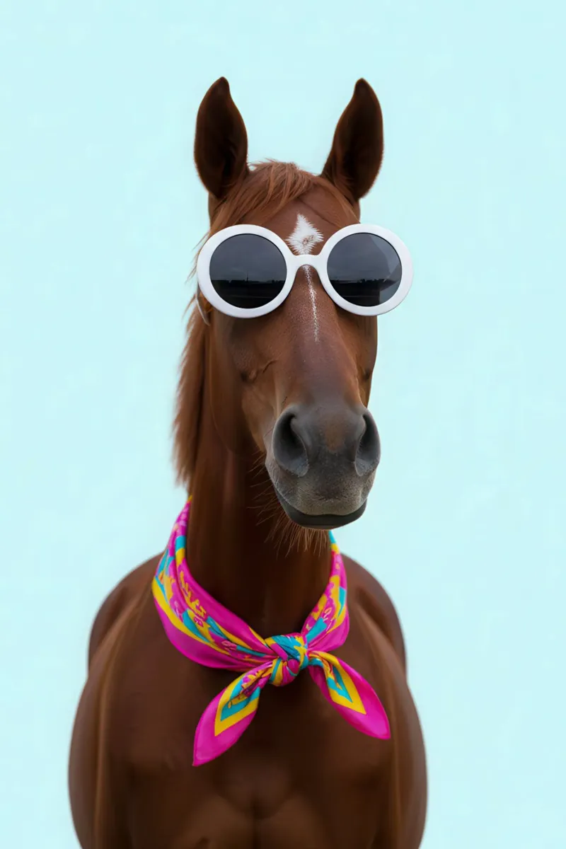 Cool Horse in Scarf and Sunglasses poster con telaio in plastica da Attaboy Dsgn