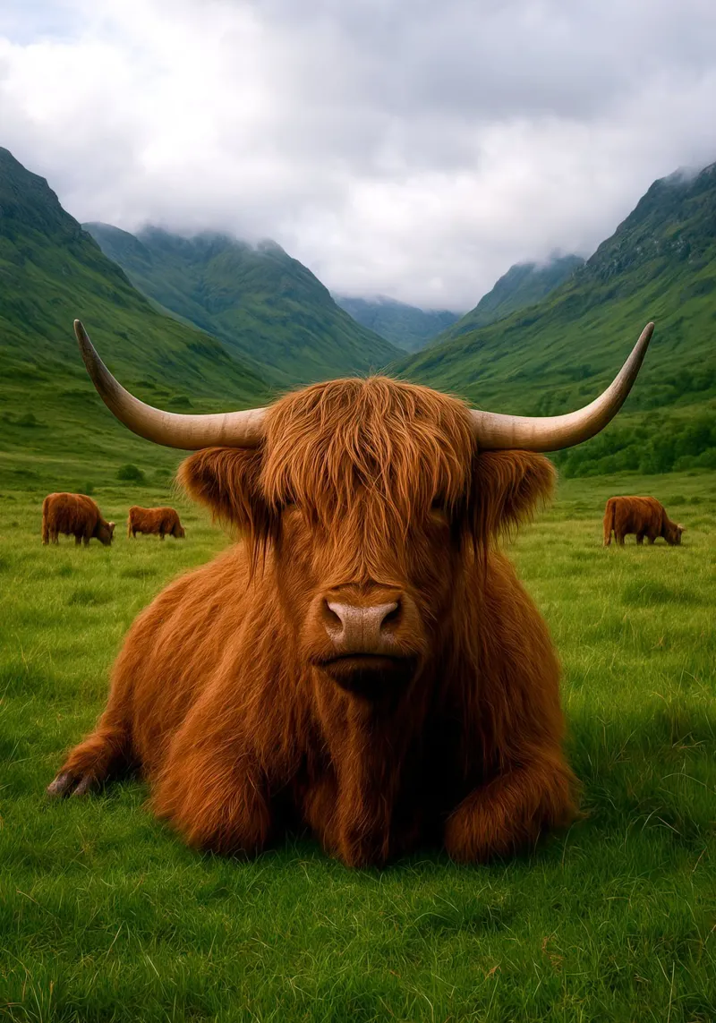 Highland Cow in Scotland poster con telaio in legno da Attaboy Dsgn