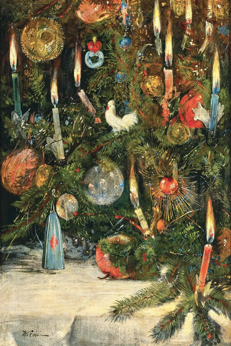 Christmas Tree Decorated with Lights poster con telaio in legno da apoloprints