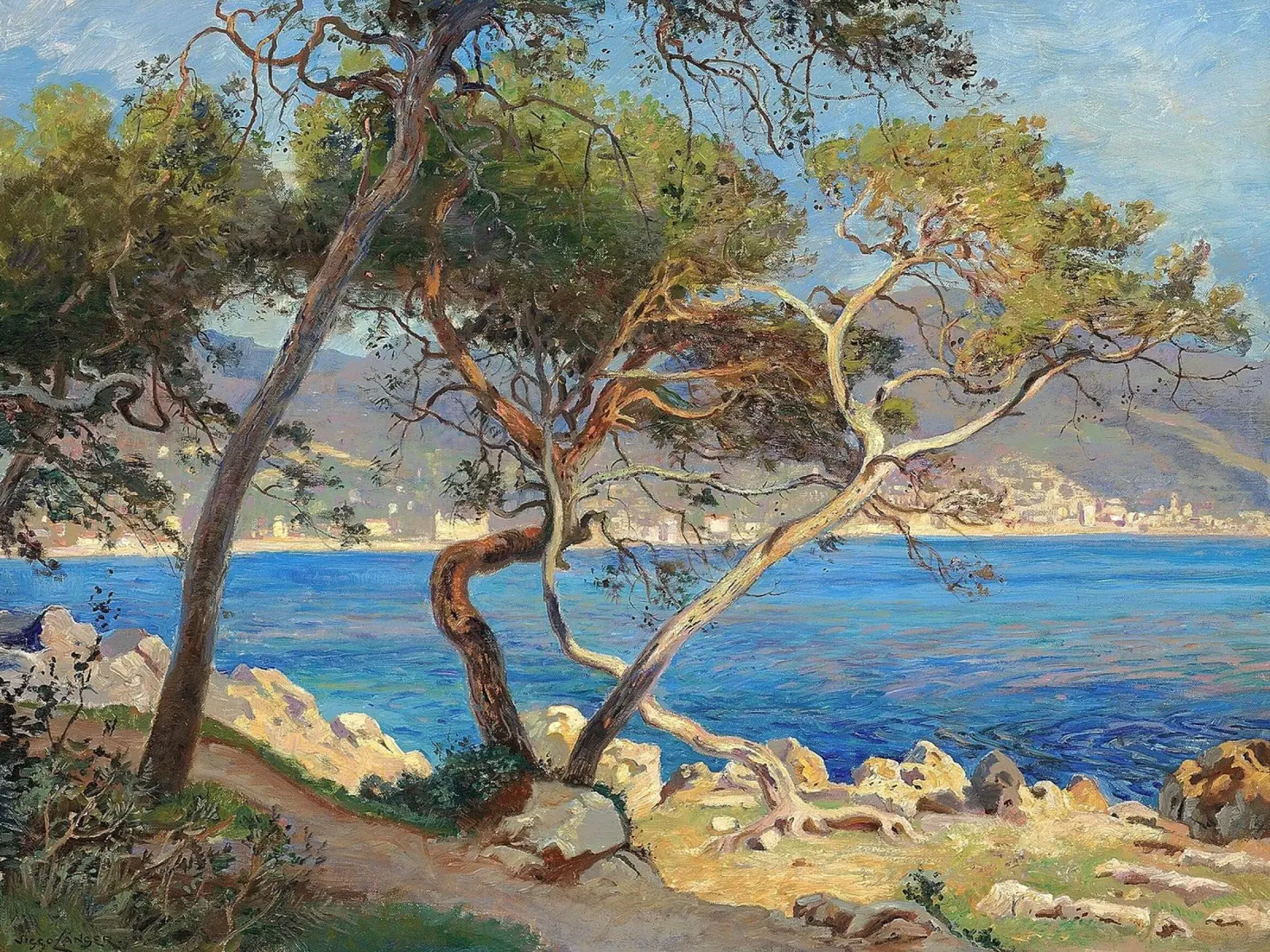 Pine trees at Cap Martin Coastal Landscape canvas with Floater frame by apoloprints