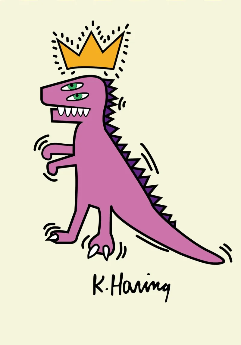 Keith Haring Dinosauro pop art con corona Poster poster con telaio in legno da ClubArt