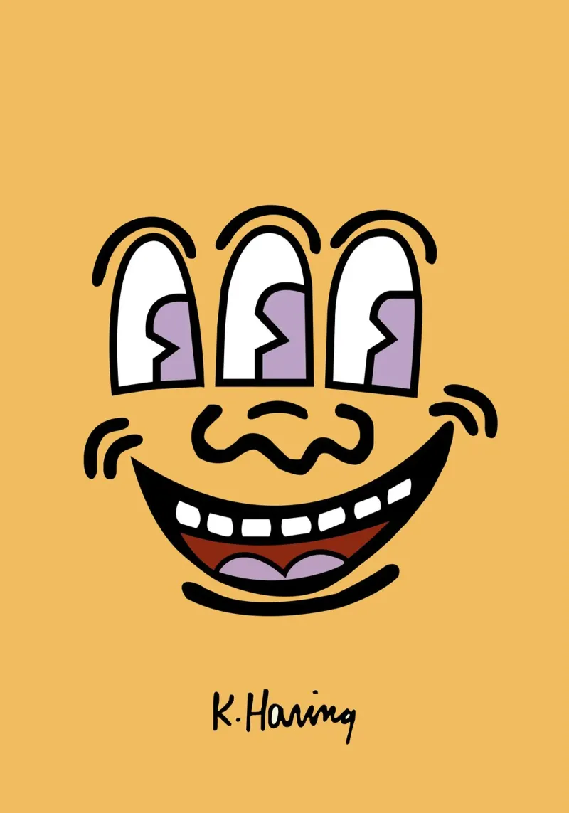 Stampa pop di Keith Haring con la faccia a tre occhi poster con telaio in alluminio da ClubArt