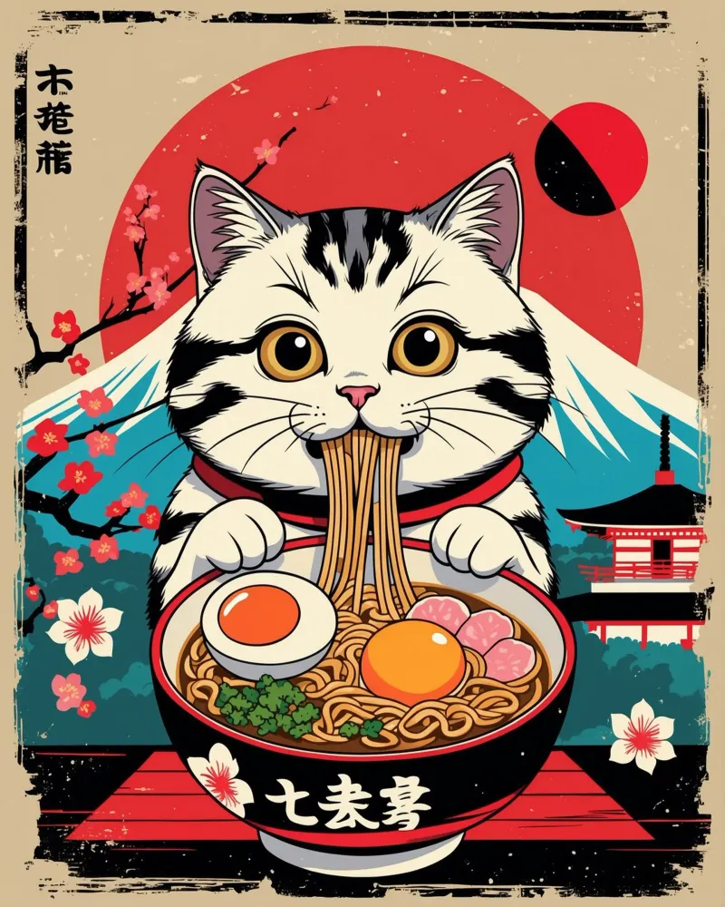 Japanse kat die Ramen eet canvas met Baklijst van Voxel Visionaries