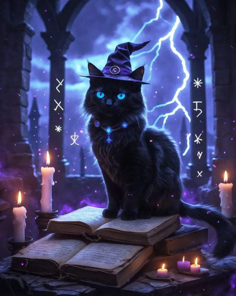 Libro delle streghe e degli incantesimi del gatto nero di Halloween poster con telaio in alluminio da Voxel Visionaries