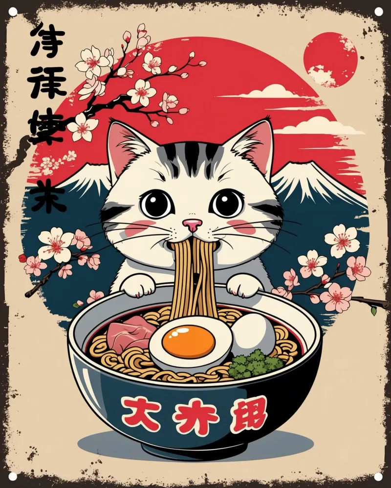 Gatto giapponese che mangia ramen poster da Voxel Visionaries