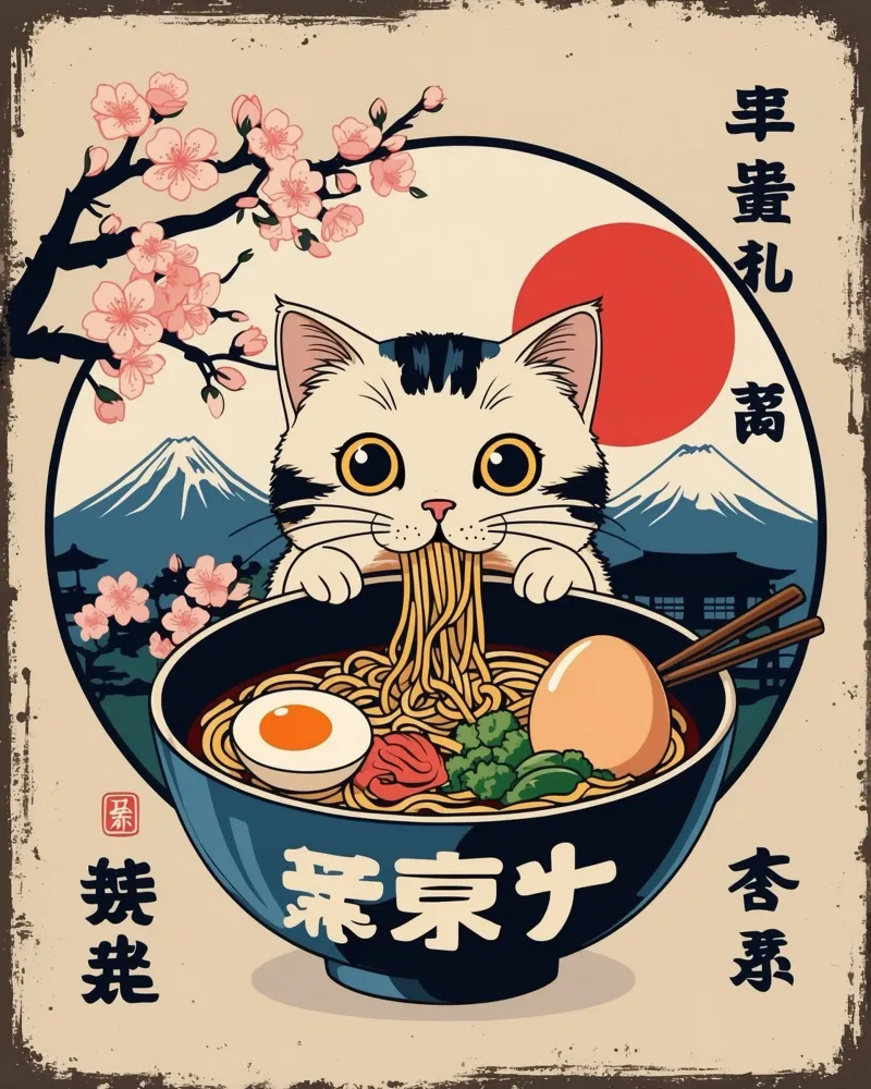 Japanse kat die Ramen eet canvas met Baklijst van Voxel Visionaries