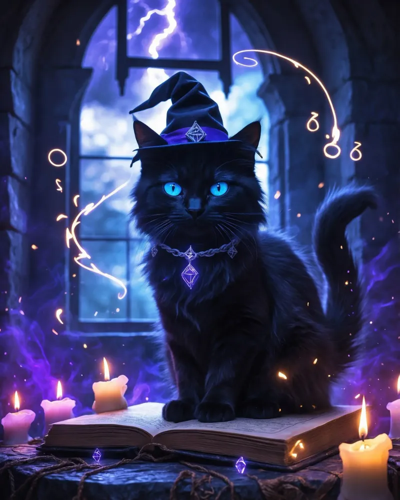 Libro delle streghe e degli incantesimi del gatto nero di Halloween poster da Voxel Visionaries