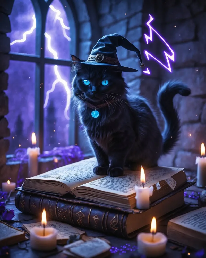 Libro delle streghe e degli incantesimi del gatto nero di Halloween poster con telaio in alluminio da Voxel Visionaries