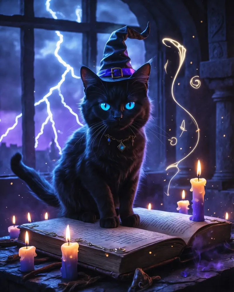 Libro delle streghe e degli incantesimi del gatto nero di Halloween poster da Voxel Visionaries