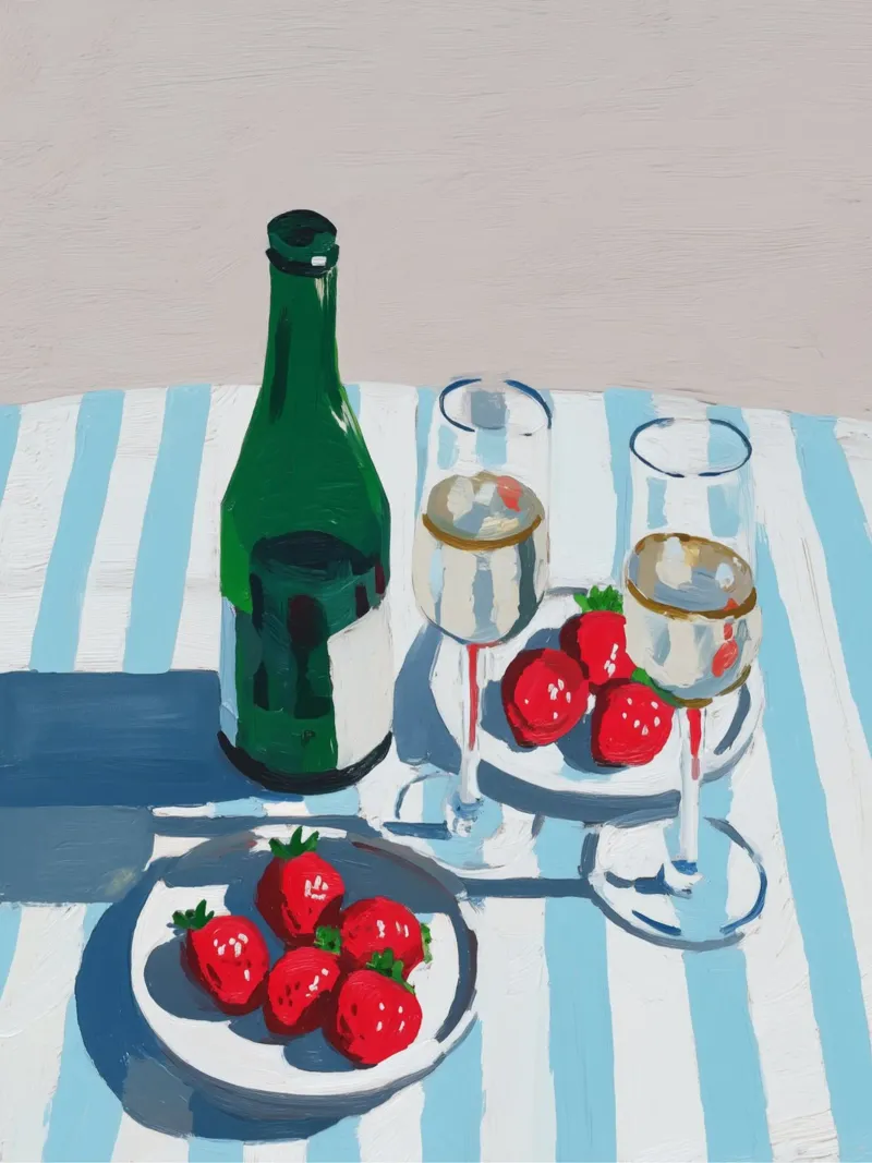 Fragole e champagne poster con telaio in legno da Carinaprint
