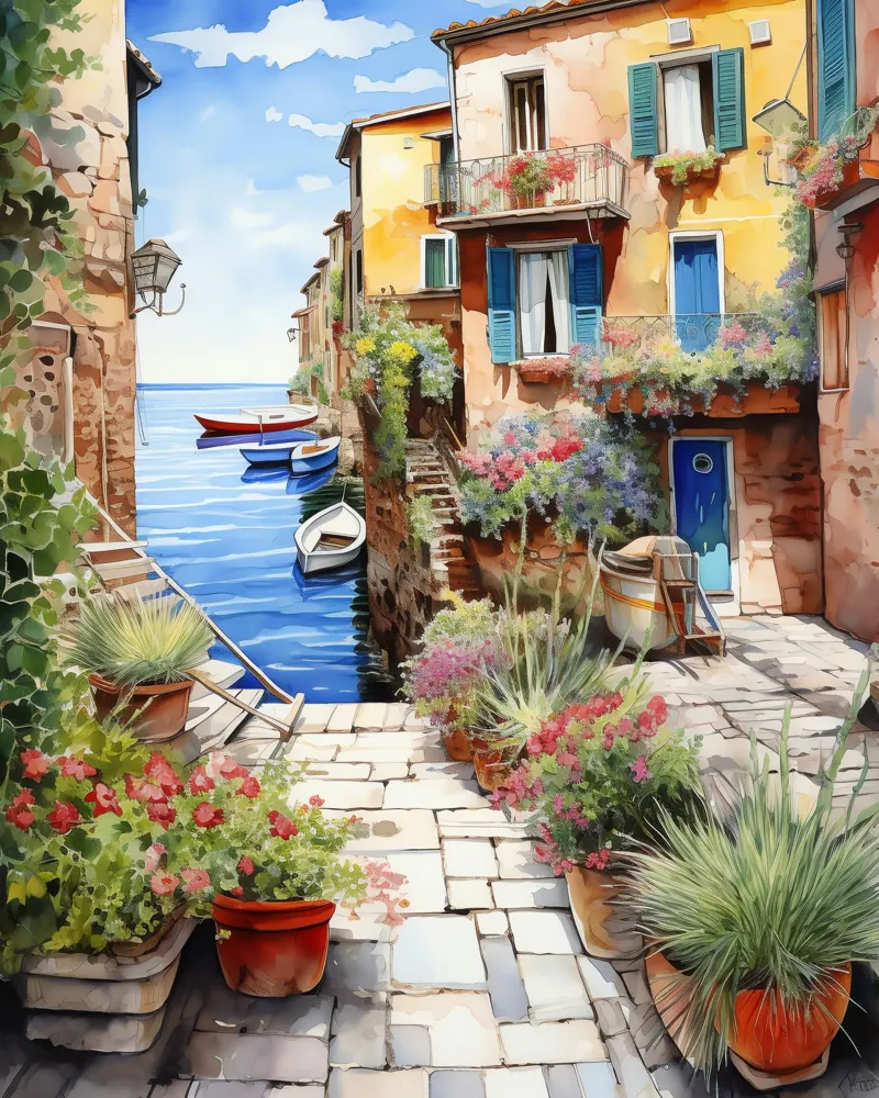 Harbor Village poster con telaio in alluminio da Artsy Bessy