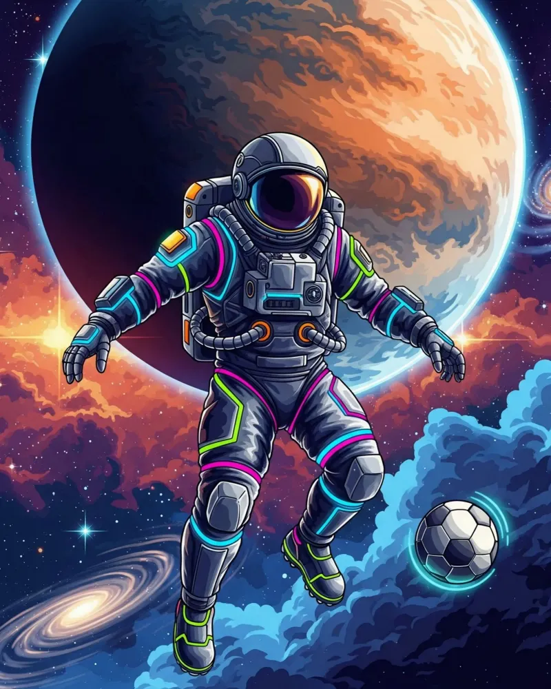 Astronauta che gioca a calcio poster con telaio in plastica da Lembayung art