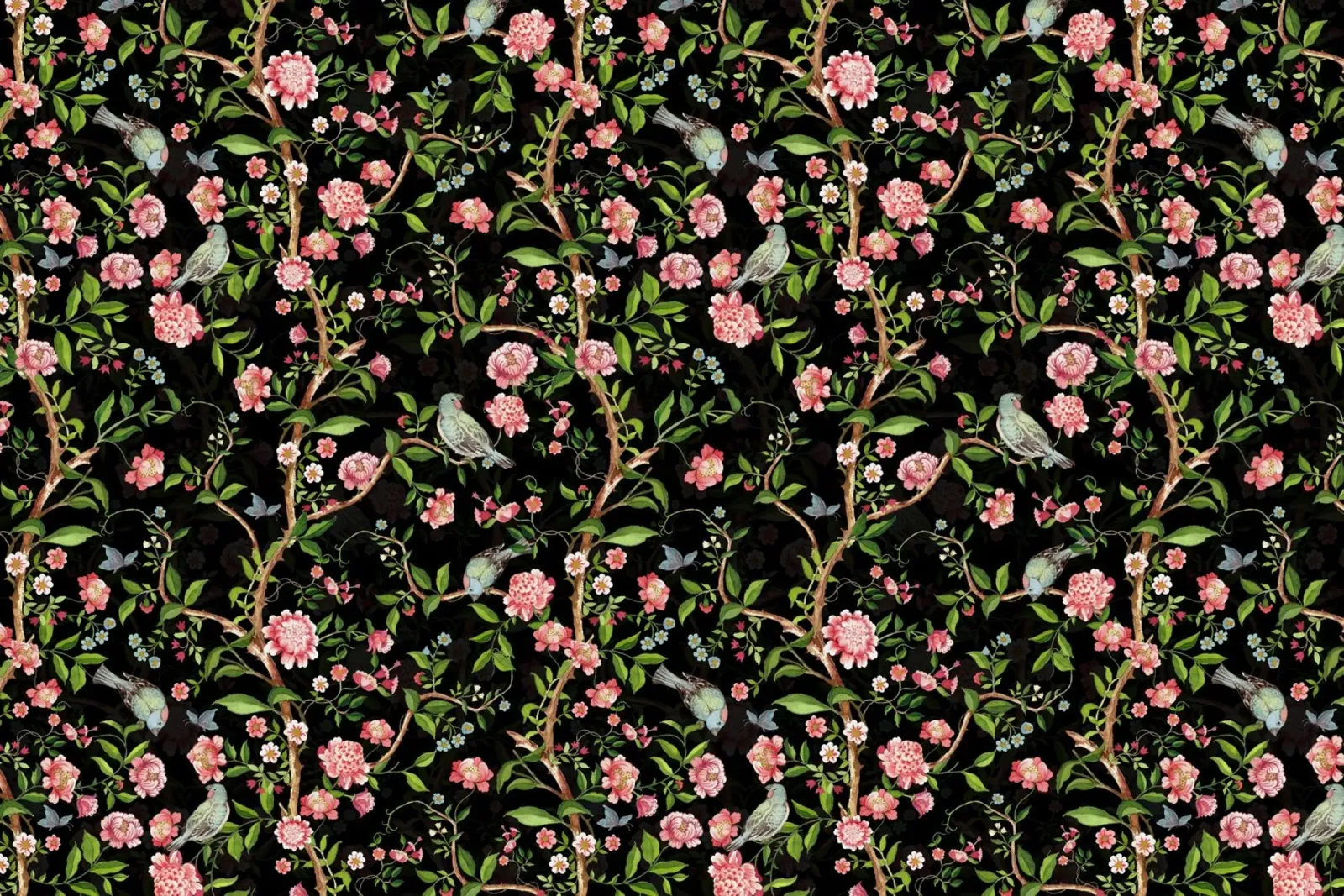 Giardino scuro a cineserie con uccelli, farfalle e fiori tela con Cornice a cassetta da Vintage World - Uta Naumann