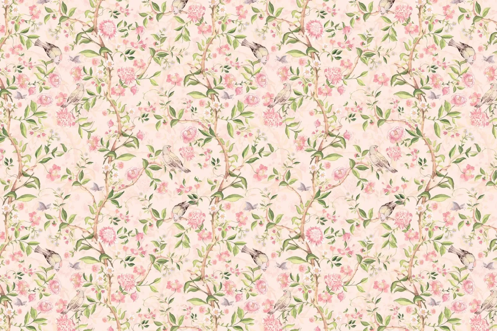 Roze Chinoiserie Tuin met Vogels Vlinders en Bloesems poster met aluminium frame van Vintage World - Uta Naumann