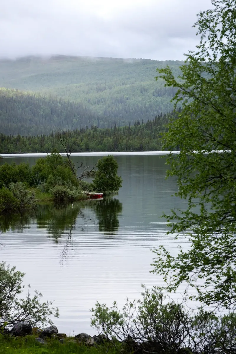 Paesaggio scandinavo. Montagna nuvolosa con acqua e verde poster da karijn_landscapes