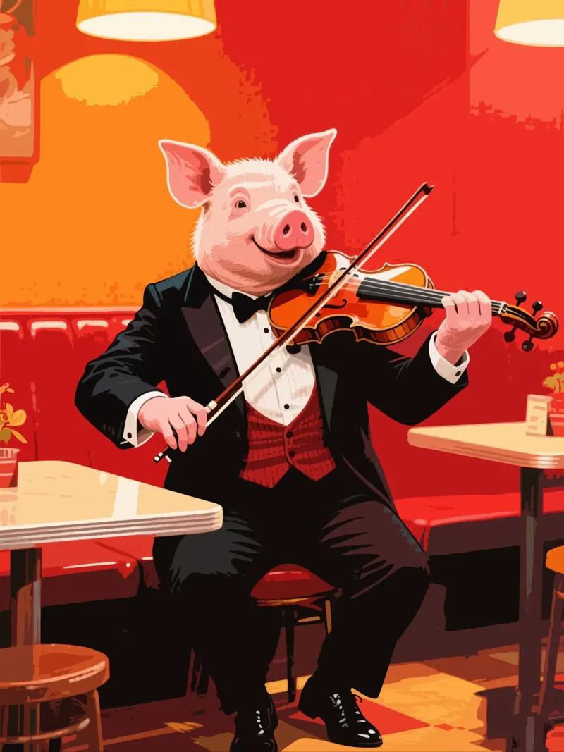 maiale che suona il violino in un caffè poster con telaio in alluminio da knowledge