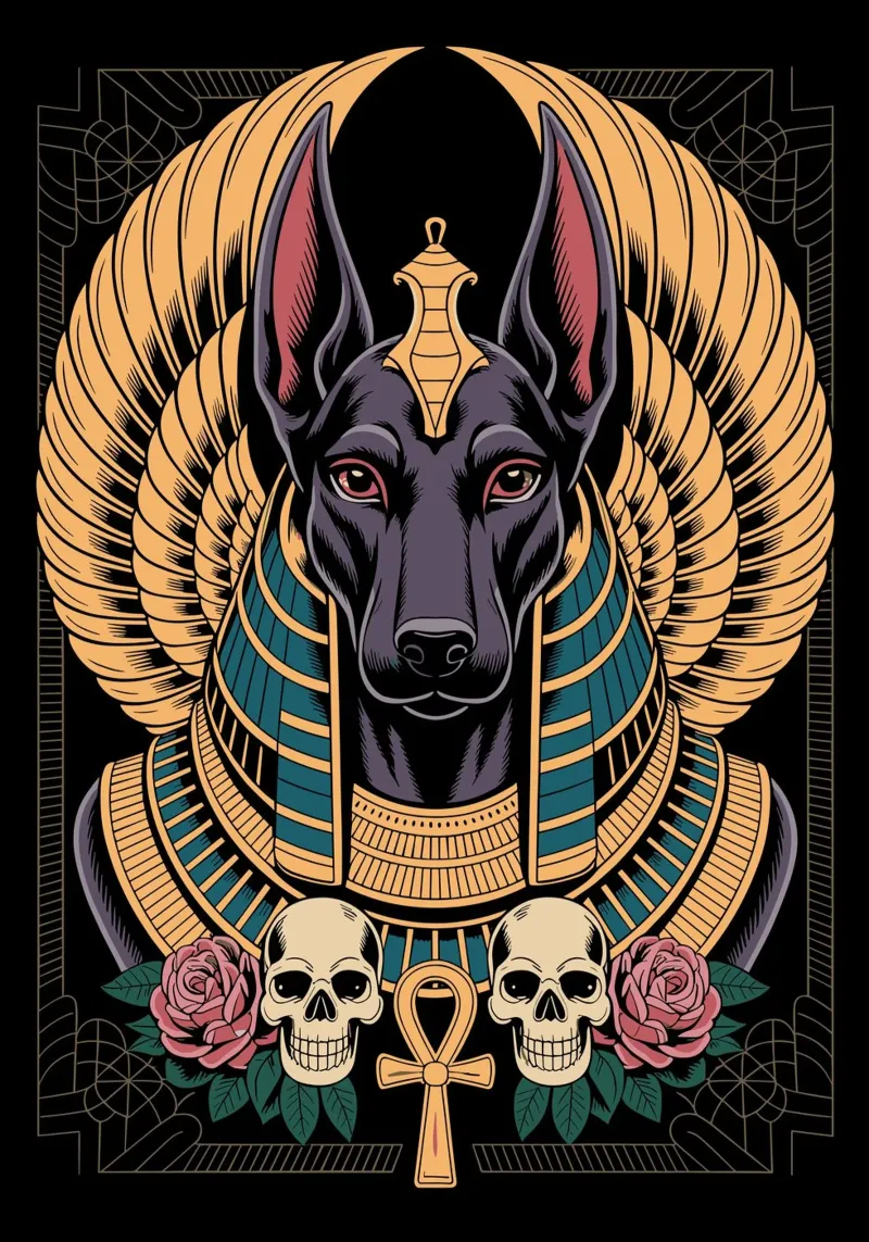 Anubis Illustration with Skulls and Roses tela con Cornice a cassetta da ramosashop