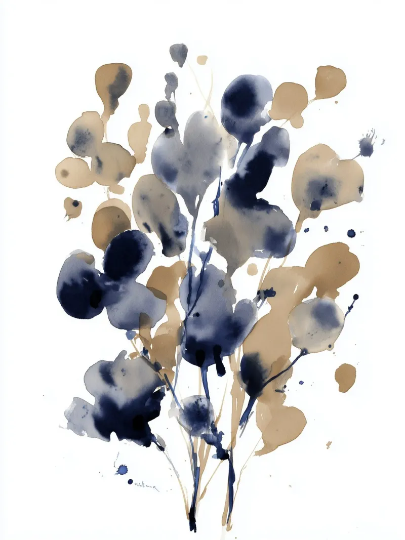 Rami indaco e ocra poster con telaio in legno da Sophia Calder Studio