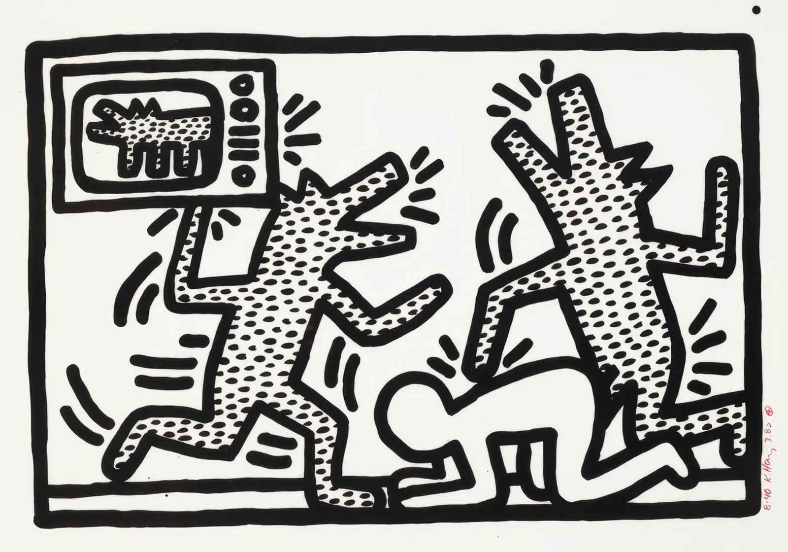 Keith Haring "Untitled" Pop Art TV Hunde Poster Leinwand mit Schattenfugenrahmen von ClubArt