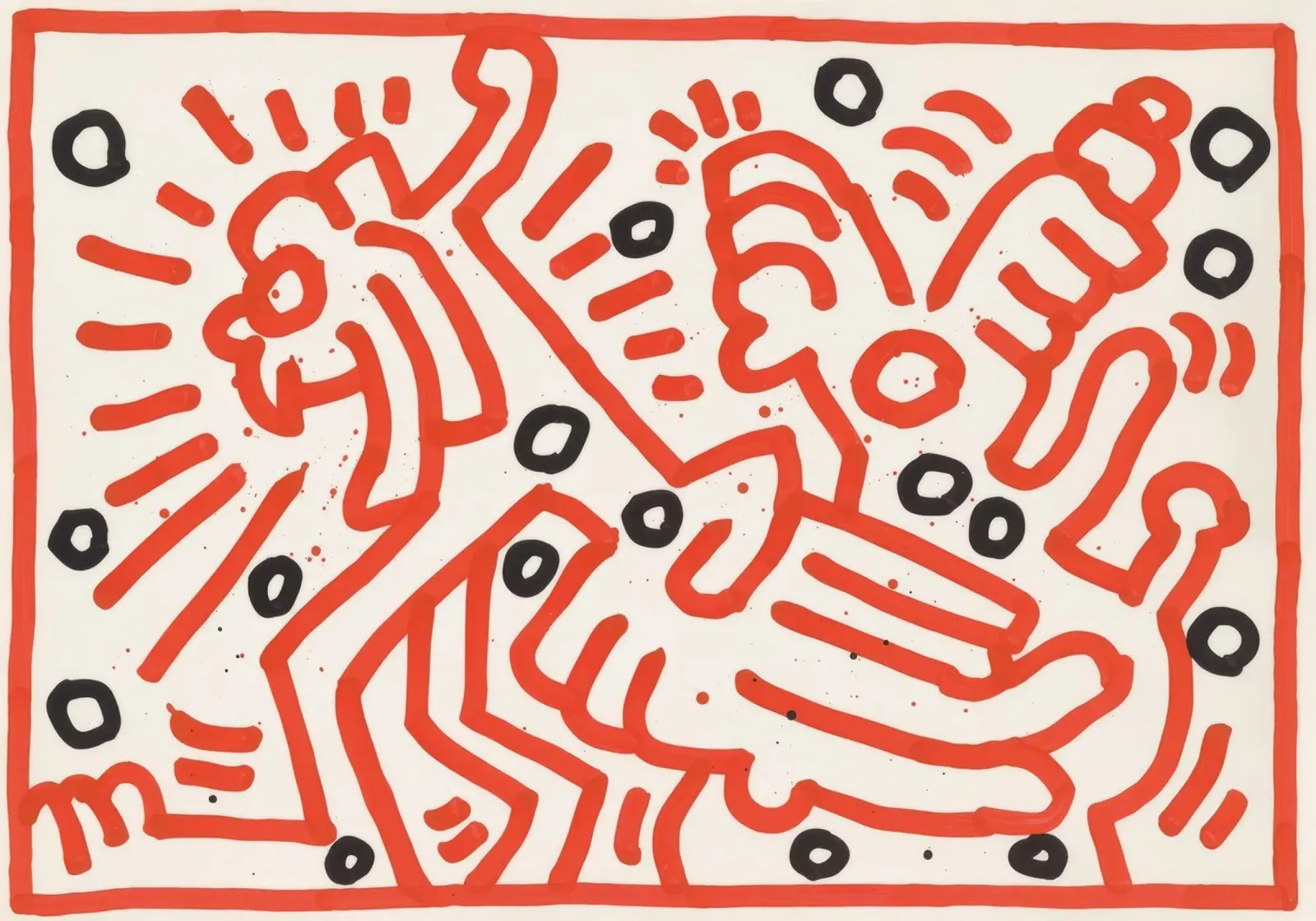 Keith Haring "Zonder titel" Pop Art Mens vs. beest canvas met Baklijst van ClubArt
