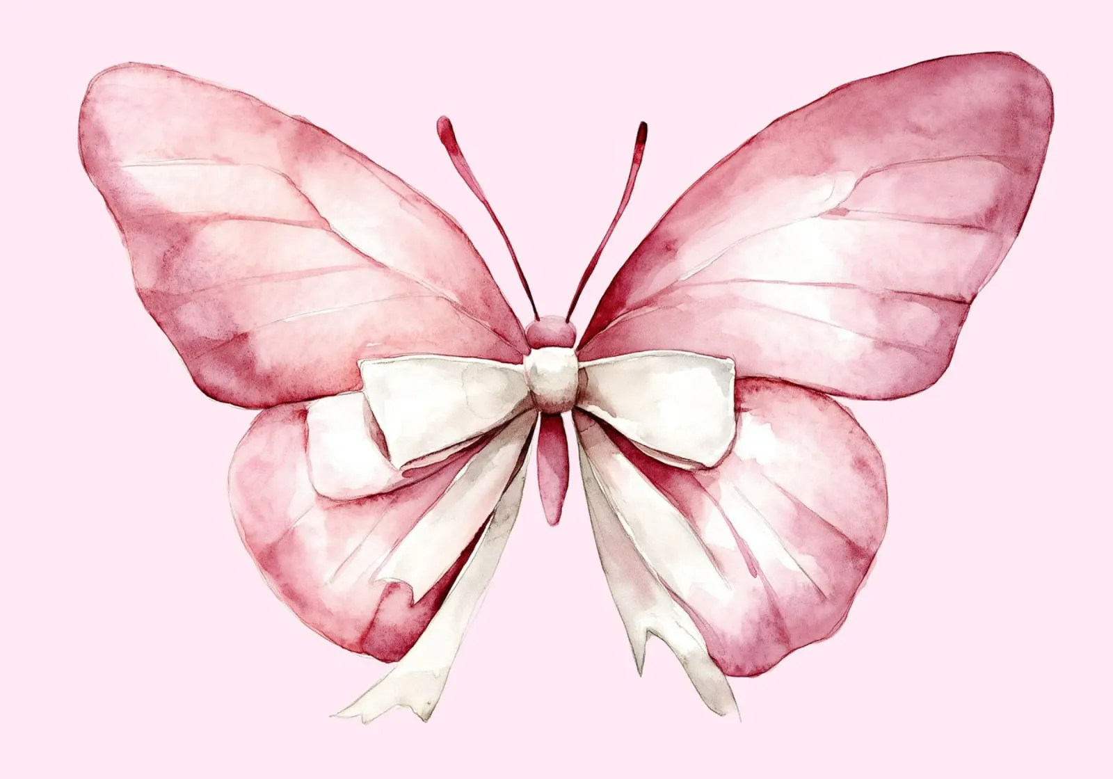 Rosa Schmetterling mit weißer Schleife Aquarell Kunstdruck Leinwand mit Schattenfugenrahmen von vintagepod