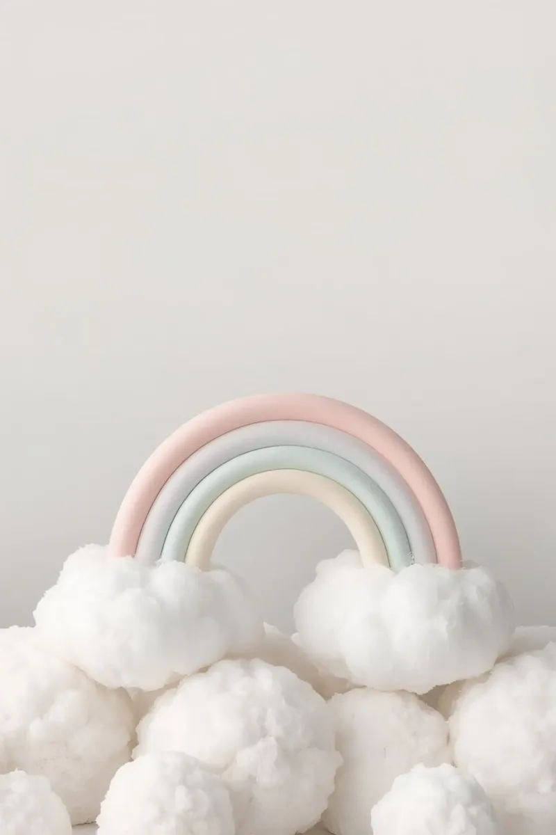 Niedlicher pastellfarbener Regenbogen mit weißen flauschigen Wolken Poster von DesignDoodle