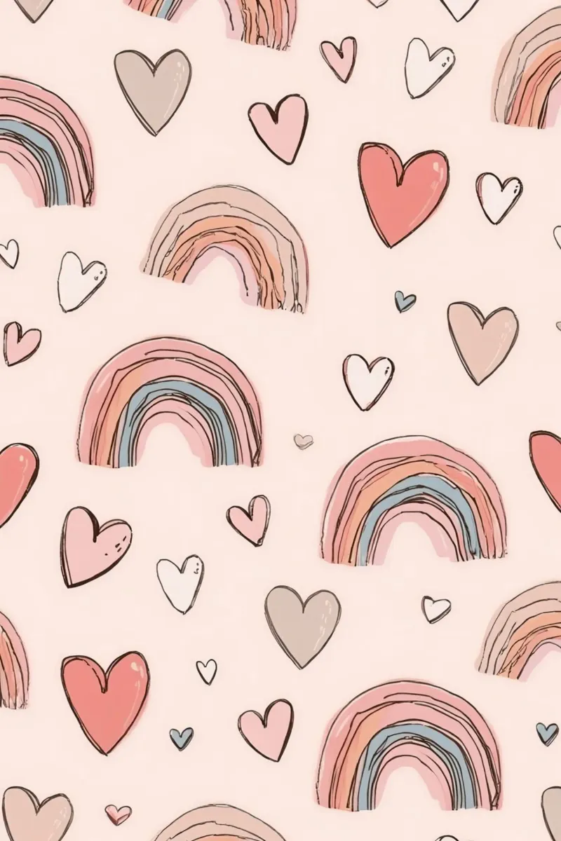 Cute Pastel Rainbows and Hearts Pattern on Pink Background poster by DesignDoodle