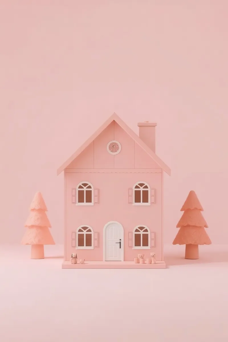 Simpatica casa giocattolo rosa con alberi e giocattoli tela con Cornice a cassetta da DesignDoodle