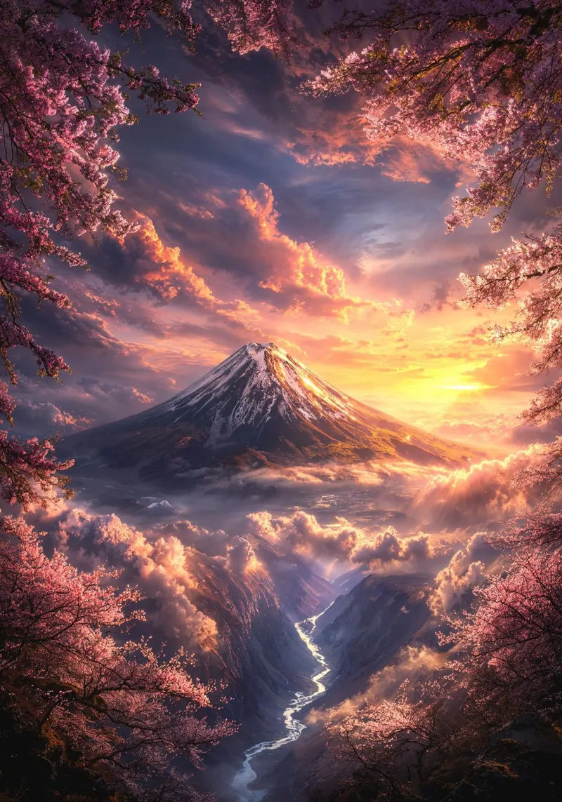 Sunset Sakura Fuji poster da Pixaverse