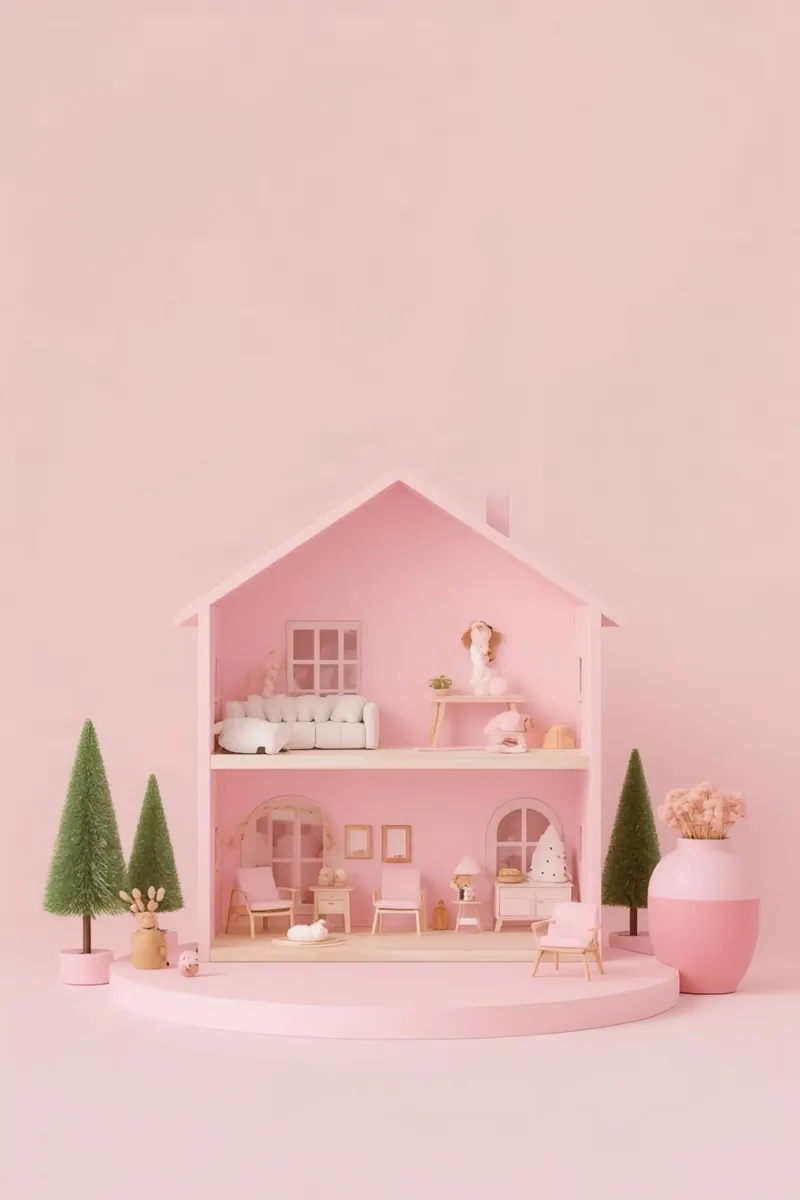 Casa delle bambole rosa a due piani, colore pastello tela con Cornice a cassetta da DesignDoodle