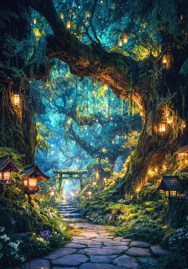 Lantern Path of the Spirit Grove poster con telaio in alluminio da Pixaverse