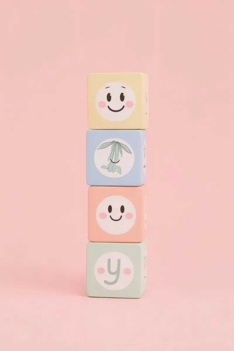 Leuke Gestapelde Speelgoedblokken, Roze Achtergrond canvas met Baklijst van DesignDoodle