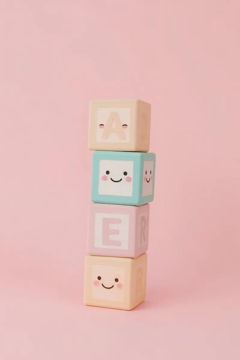 Blocchi di alfabeto in legno impilati su sfondo rosa tela con Cornice a cassetta da DesignDoodle