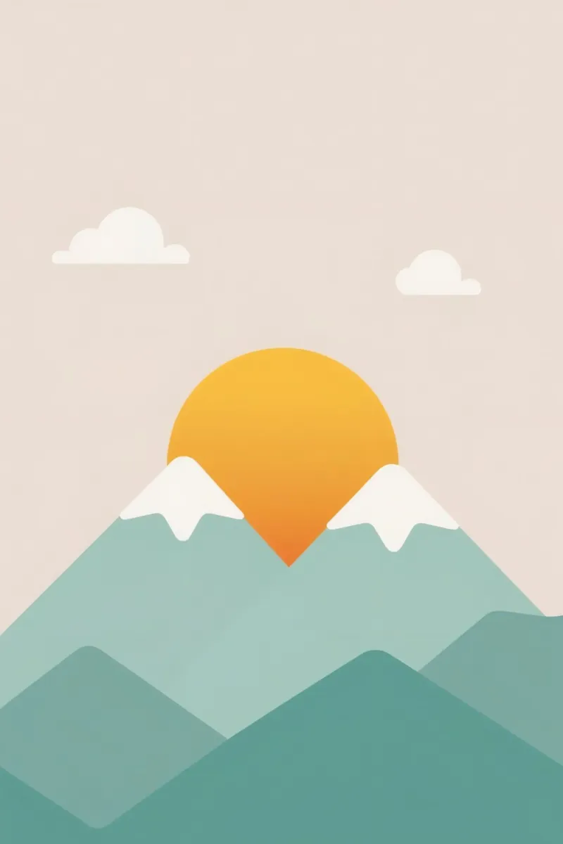 Paesaggio stilizzato con montagne, sole e nuvole poster con telaio in alluminio da DesignDoodle