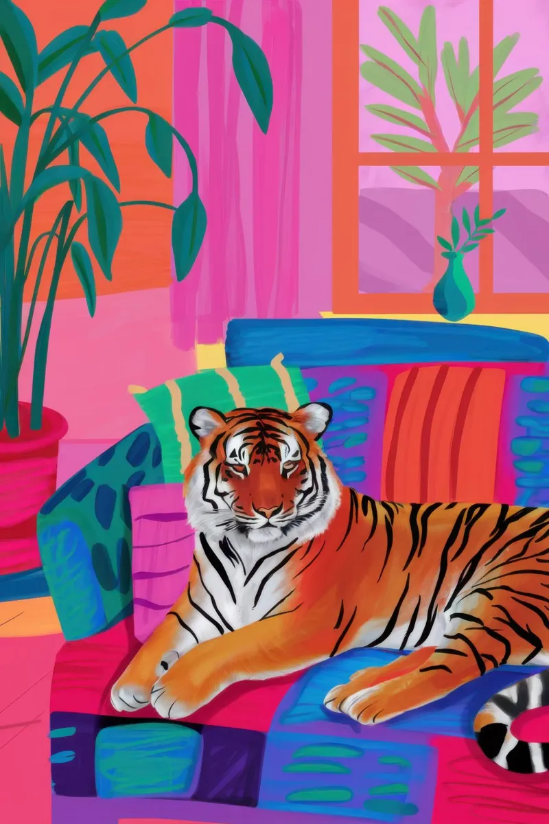Fluwelen tijger houding canvas met Baklijst van Sure Paint