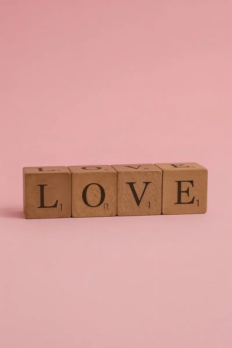 Houten Blokken Spelling LIEFDE op Roze Achtergrond canvas met Baklijst van DesignDoodle